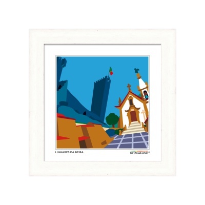 Ilustração colorida da aldeia Linhares da Beira com torre de castelo e igreja, moldura branca.