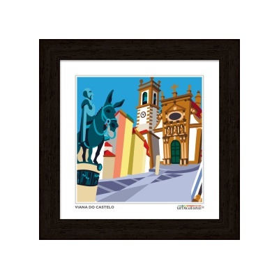 Ilustração de Viana do Castelo com estátua de burro e igreja histórica emoldurada