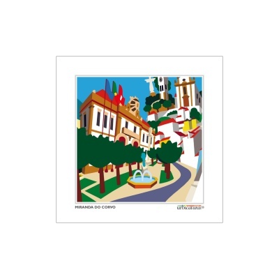 Ilustração colorida de edifícios e fonte na rua de Miranda do Corvo.