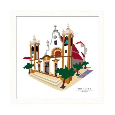 Ilustração colorida de edifício histórico em Chamusca, Portugal.