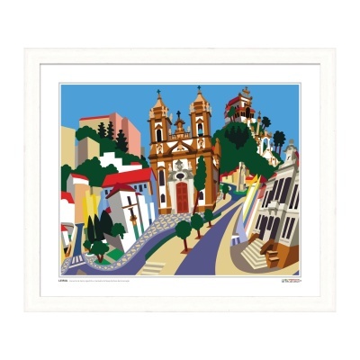 Ilustração colorida de paisagem urbana com igreja barroca e casas coloridas emoldurada