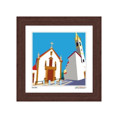Quadro com imagem estilizada de igrejas e texto Soure e urbexcaruso