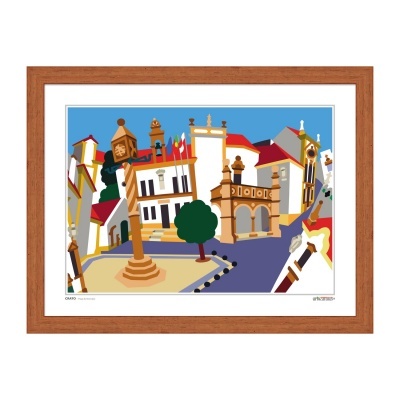 gráfica colorida da praça principal de Guimarães em moldura de madeira castanha