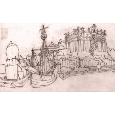 Desenho a lápis de porto histórico com barco e edifícios antigos
