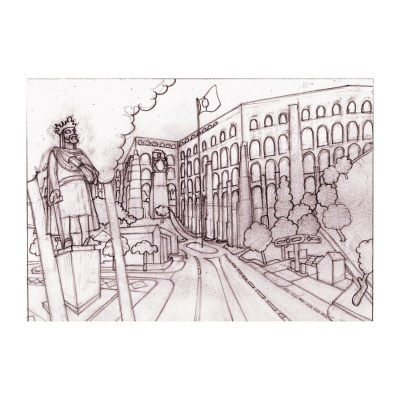 Desenho a lápis de praça com estátua de rei, edifício grande e árvores