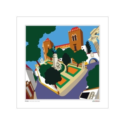 Ilustração colorida de jardim e castelo com torres e árvores num cenário urbano.