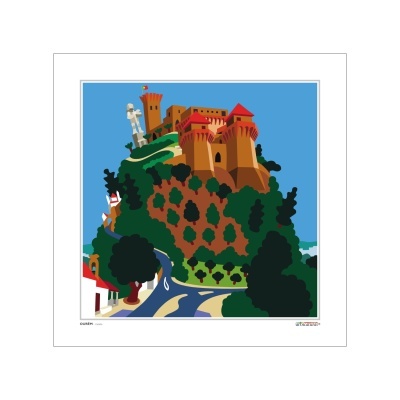Ilustração de castelo castanho com torres vermelhas no topo de uma colina verde e estrada sinuosa.