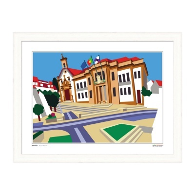 Ilustração digital colorida de edifícios com telhados vermelhos e bandeiras em quadro com moldura branca