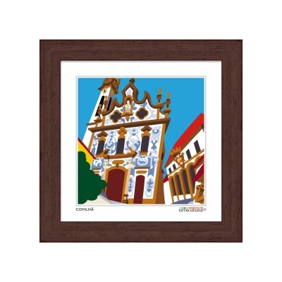 Quadro ilustrado com igreja de azulejos azuis em moldura castanha