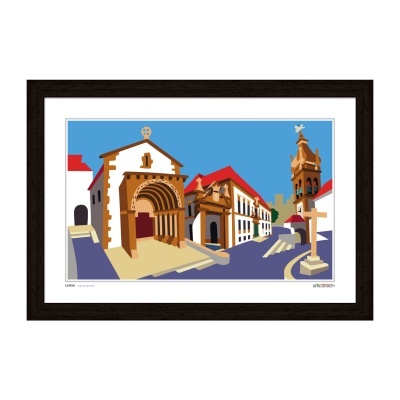 Ilustração emoldurada de edifícios históricos de Leiria com cores vivas