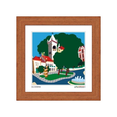 Quadro com ilustração colorida de praça e edifícios