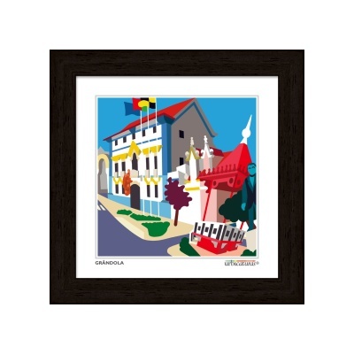Quadro decorativo com ilustração colorida de edifício e estrutura vermelha