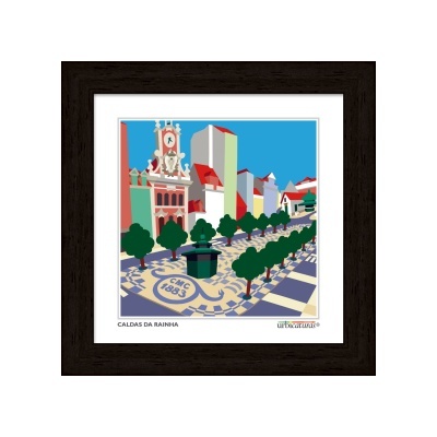 Imagem artística emoldurada de Caldas da Rainha com ruas, árvores e edifícios coloridos