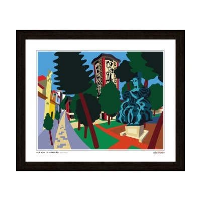 Ilustração colorida de Vila Nova de Famalicão com escultura, árvores e edifícios, emoldurada por madeira escura