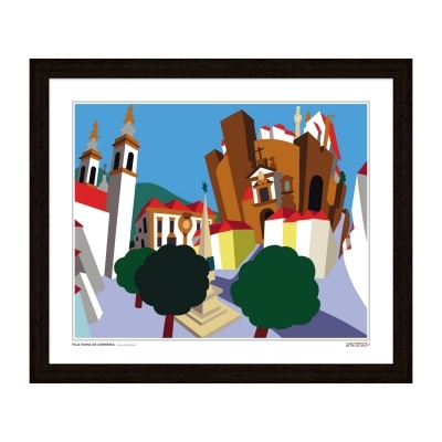 Ilustração estilizada de paisagem urbana com edifícios e árvores