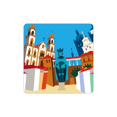 Ilustração colorida de praça com estátua azul e edifícios coloridos