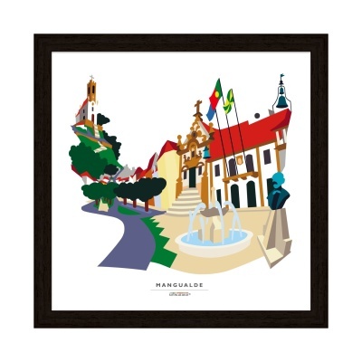Ilustração colorida de Mangualde com edifícios e fonte num quadro com moldura preta