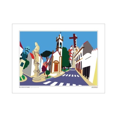 Ilustração digital de uma rua com igreja, estátuas, árvores e céu azul