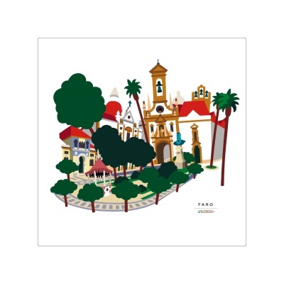 Ilustração da cidade de Faro com árvores, palmeiras e edifícios históricos coloridos.
