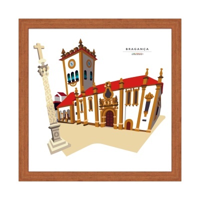 Ilustração do edifício histórico em Bragança, Portugal, com torre de relógio e pilar com cruz.