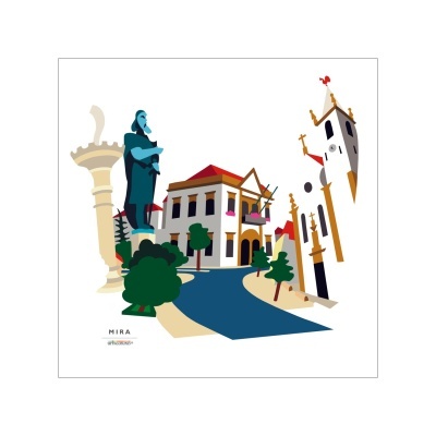 Ilustração vetorial de estátua e edifícios com texto MIRA