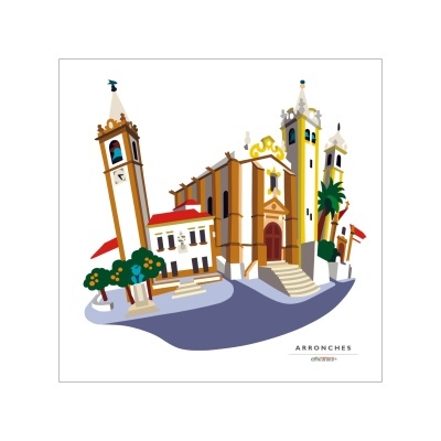 Ilustração colorida de edifícios históricos com torres e árvores