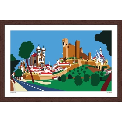 Ilustração colorida de castelo e cidade com árvores e céu azul