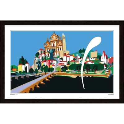 Ilustração digital colorida de paisagem urbana com igreja, torre, árvores e ponte numa moldura preta.