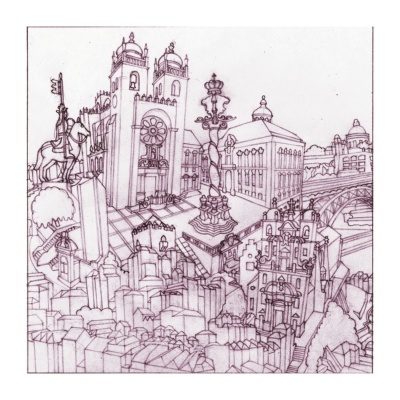 Desenho arquitetónico a tinta roxa de edifícios históricos e estátuas num cenário urbano.