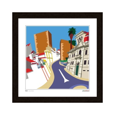 Imagem digital estilizada de rua urbana com edifícios coloridos e palmeiras, emoldurada em preto.