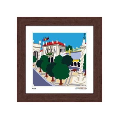 Ilustração colorida de praça em Beja com árvores, edifício, bandeiras e monumento num quadro de madeira