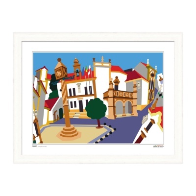 Ilustração colorida digital de uma praça urbana com edifícios históricos e bandeiras