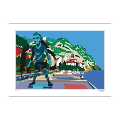 Ilustração de estátua de jogador de futebol com paisagem marítima e montanhas ao fundo