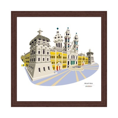 Desenho arquitetônico com moldura castanha escura e texto MAFRA