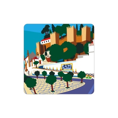 Ilustração colorida de castelo com torres, árvores e pavimento geométrico