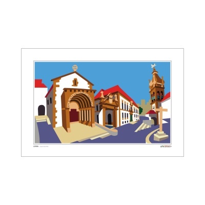 Ilustração de rua histórica com igreja e edifícios em branco com telhados vermelhos