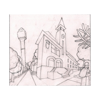 Desenho a lápis de edifício com torre, relógio, escadaria e árvores