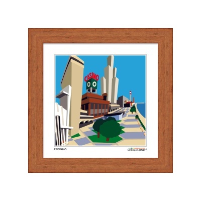 Ilustração colorida do casino de Espinho em quadro com moldura de madeira