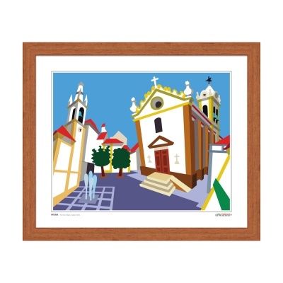 Ilustração colorida de igreja com árvores, céu azul e moldura de madeira