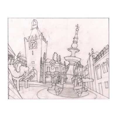 Desenho a lápis de uma praça com fonte e torre de relógio