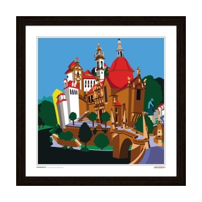 Ilustração artística colorida de castelo com torres e árvores, emoldurada