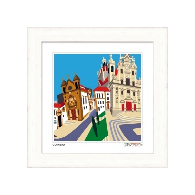 Quadro decorativo com ilustração colorida da cidade de Coimbra numa moldura branca