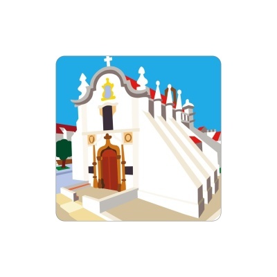 Ilustração de edifício branco com porta castanha e telhado vermelho