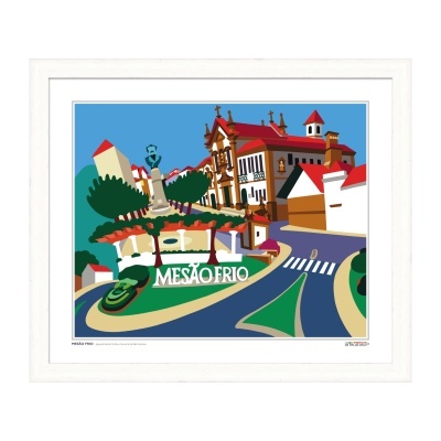 Ilustração colorida de rua e edifícios em Mesão Frio com texto, emoldurada a branco