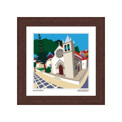 Ilustração de igreja em moldura castanha com texto ALCOCHETE