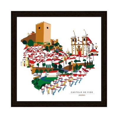 Ilustração do Castelo de Vide com castelo e igreja em moldura preta