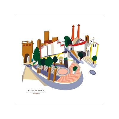 Ilustração vetorial de pontos turísticos de Portalegre com torres, chaminés e árvores