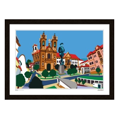Quadro decorativo com ilustração estilizada de cenário urbano com igreja e estátua
