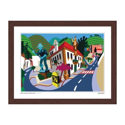 Gravura colorida de Santa Marta de Penaguião com estátua, casas, colinas verdes e estrada N21