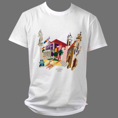 T-shirt branca com ilustração colorida de monumentos históricos